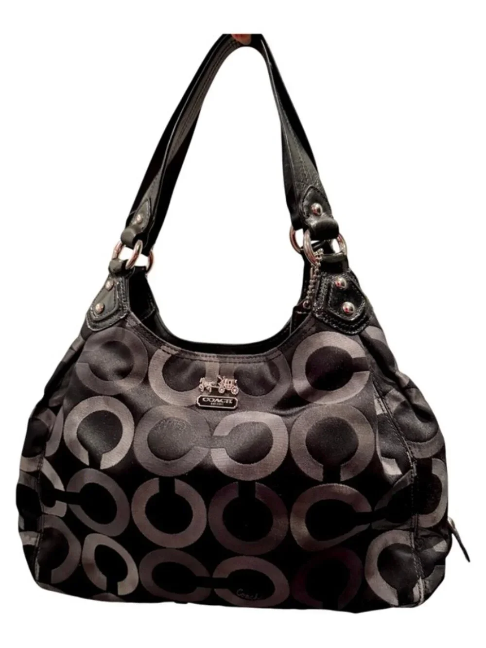 Coach Op Art Multi-Compartment Shoulder Bag – Black Gray Jacquard – Style 15573